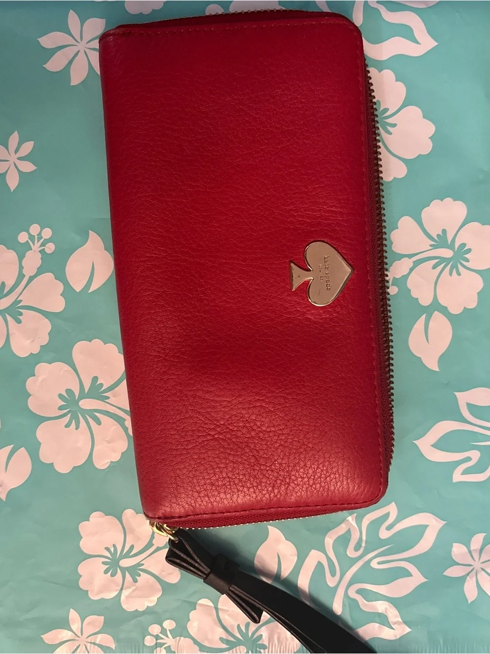 kate spade red leather zip-around wallet with heart spade logo